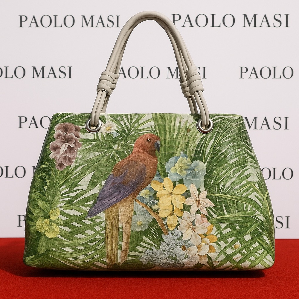 Paolo Masi Genuine Leather Tote – Made in Italy – Tropical Parrot Print